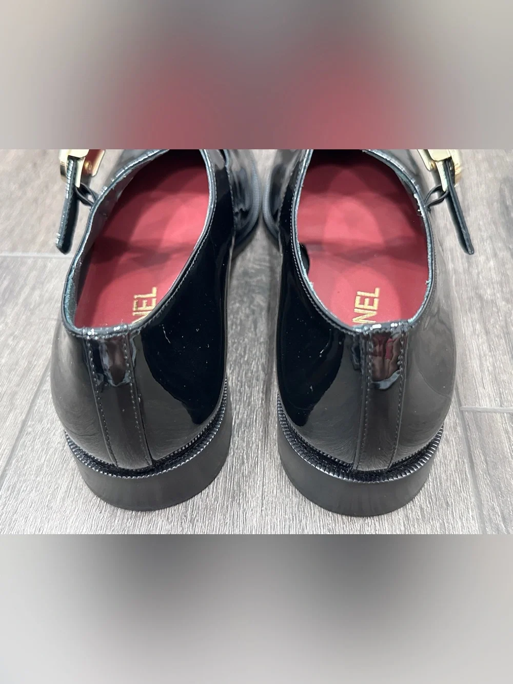 NEW CHANEL BLACK PATENT LEATHER MARYJANES WITH GOLD CC LOGO ADJUSTABLE LOCK 38C